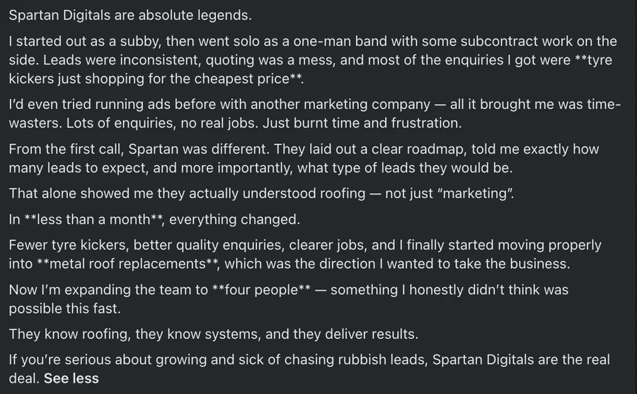Facebook review of Spartan Digitals from a roofer who went from subbie to running a team