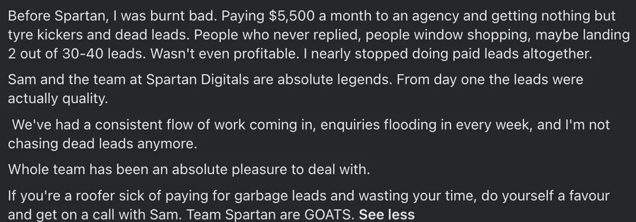 Facebook review of Spartan Digitals from a roofer who left a paid-leads agency