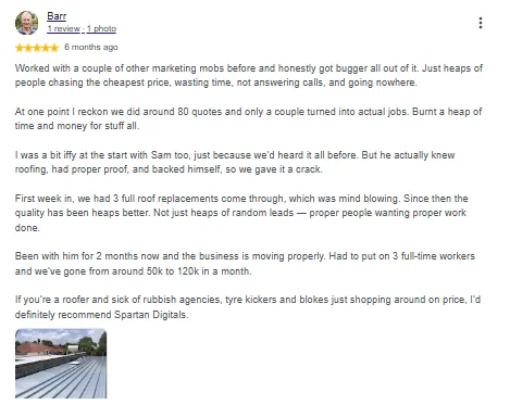 Google review of Spartan Digitals by Barr