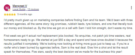 Google review of Spartan Digitals by Manpreet V